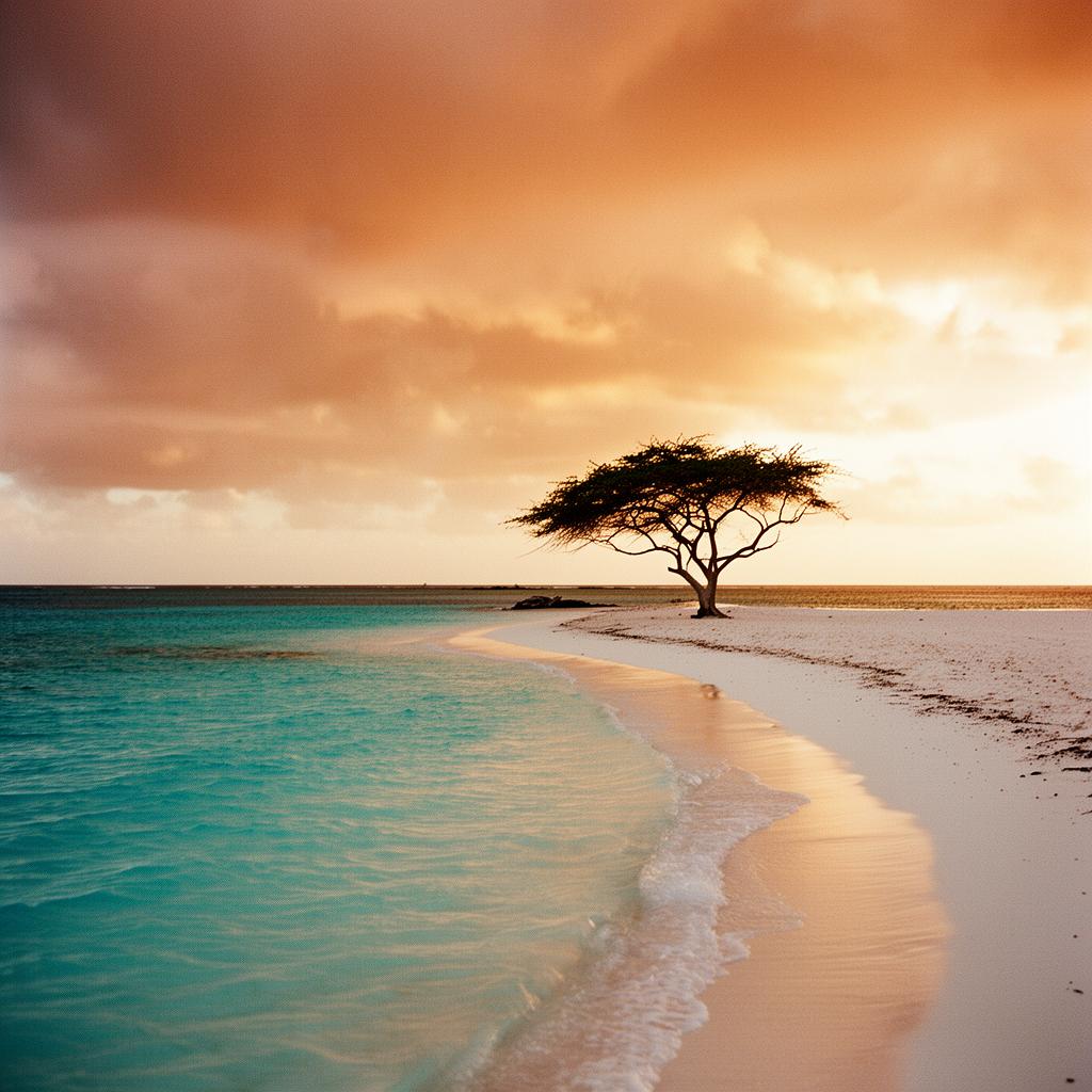 Aruba coastline at golden hour with a lone divi-divi tree